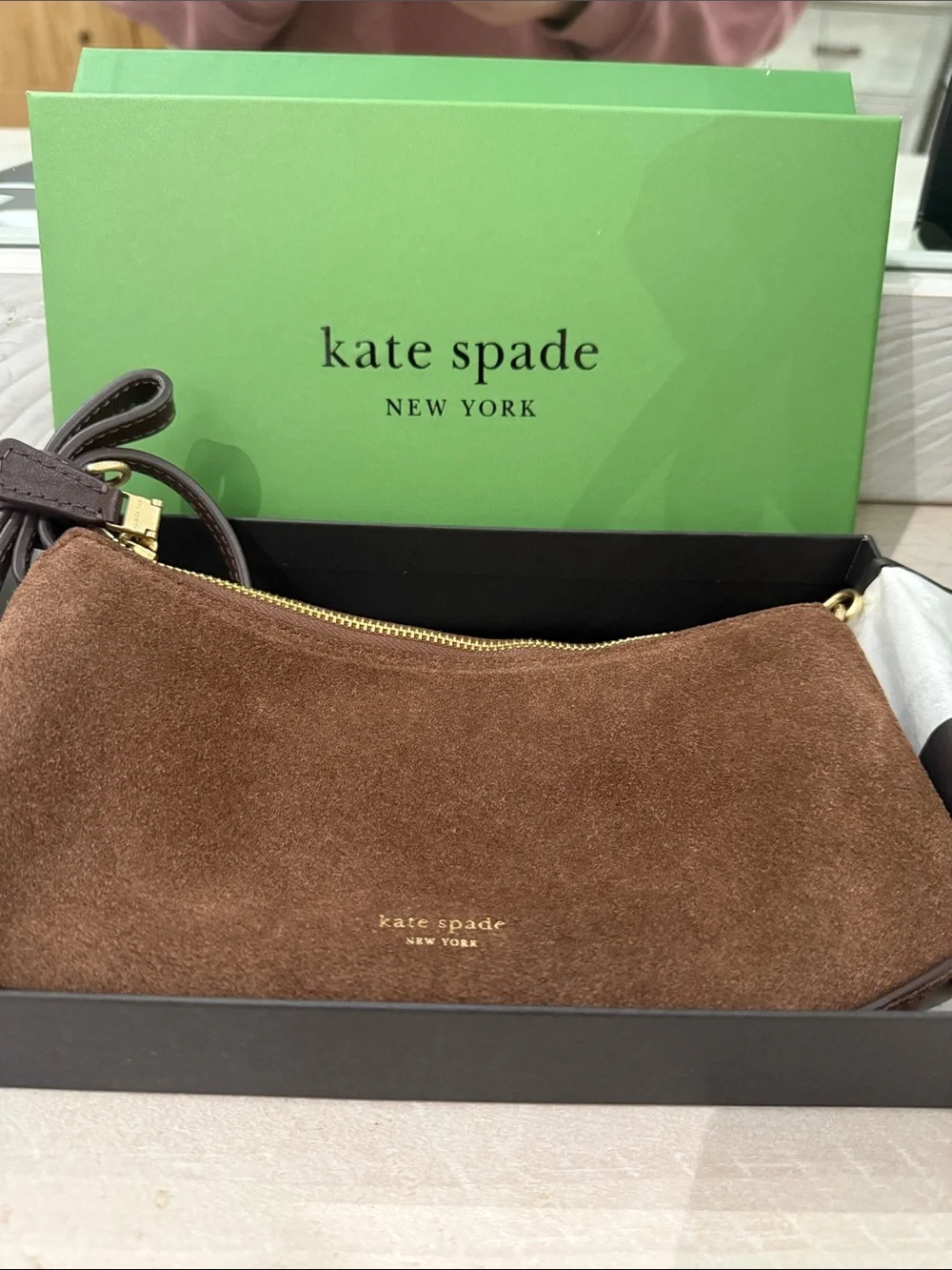 kate spade Brown Suede Mini Shoulder Bag with Slim Strap